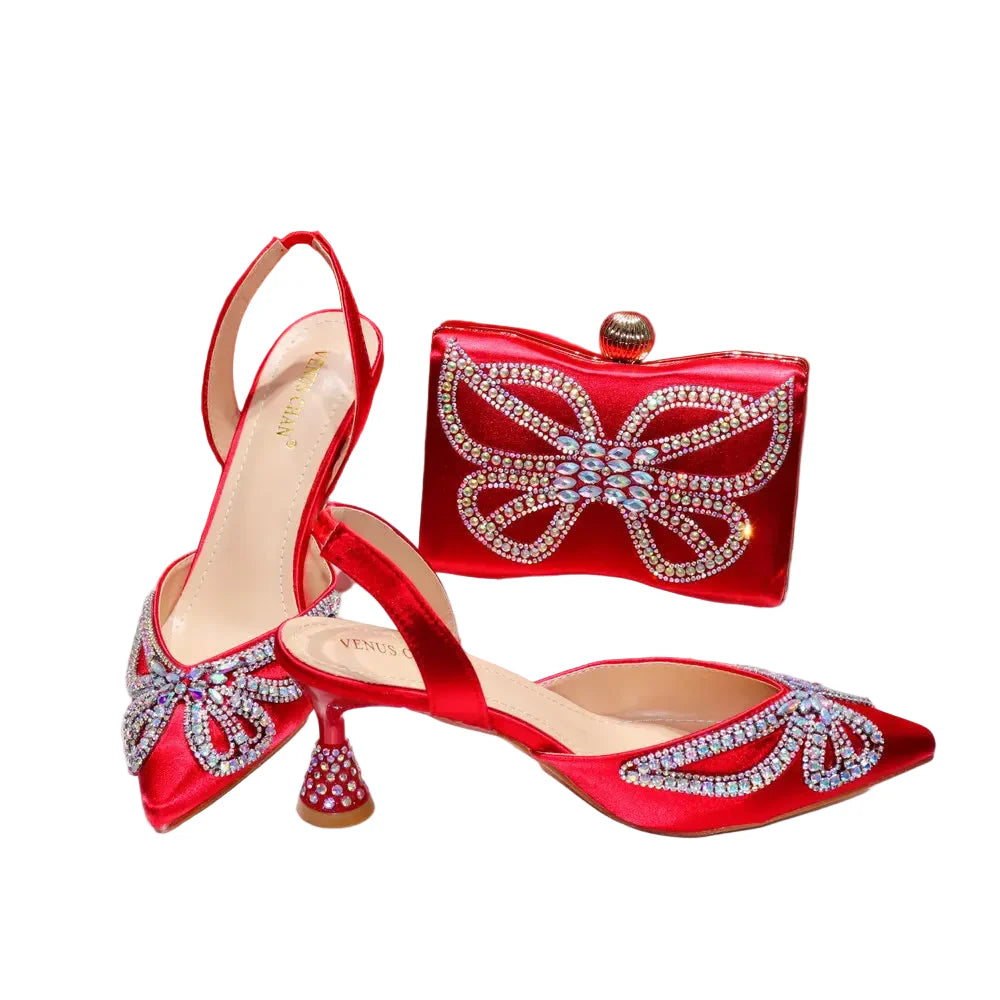 Design Diamond-Encrusted Bag And Pointed High-Heeled Shoes