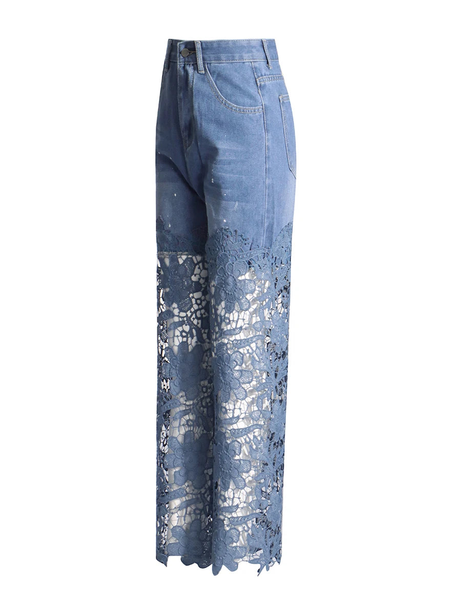 VGH Solid Slimming Hollow Out Temperament Denim Pants For Women High Waist Spliced Button Temperament Trousers Female Fashion
