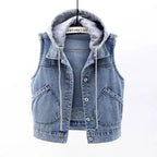 New Denim Vest Women's Spring Autumn Clothes Sleeveless Wild Tops Short Hooded Jacket Women Denim Jeans Vest Jacket Female