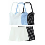2026 Women New Fashion Suit Sexy Sleeveless Backless Polka Dot Halter Slim Short Top+Side Zipper Casual Short Skirts