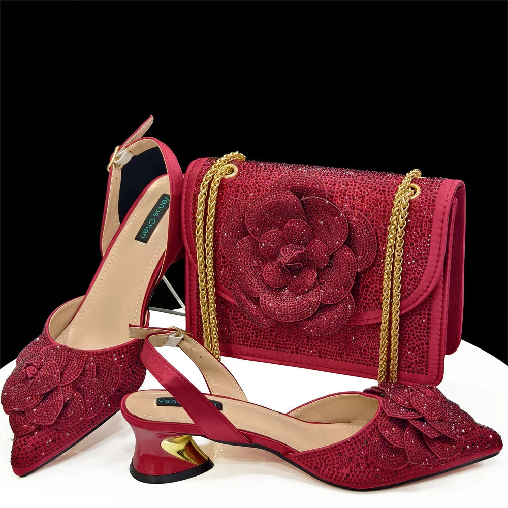 Italian Shoes And Bag Sets With Stones Gold EDHDF1-3