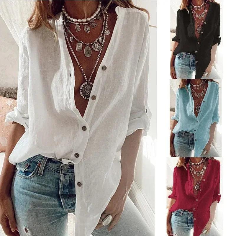 Summer Women's Cotton Linen Shirt Fashion Solid Color Casual Loose Button V-Neck Long Sleeve Top Commuter Wear