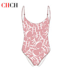 Women's Swimwear CH Letter Pink Triangle One-piece Swimsuit