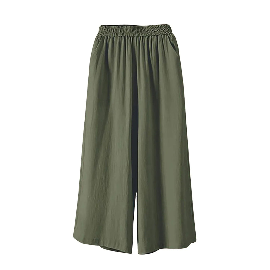 Feamle Casual and Versatile Lazy Style Wide Leg Pants With Pockets Lightweight High Waisted Loose Cropped Capris