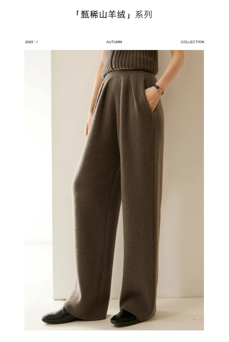 New Women's 100% Cashmere Knitted Thick Pants Autumn Winter Comfortable Skin Friendly Wide-leg Pants Solid Color Casual Clothing