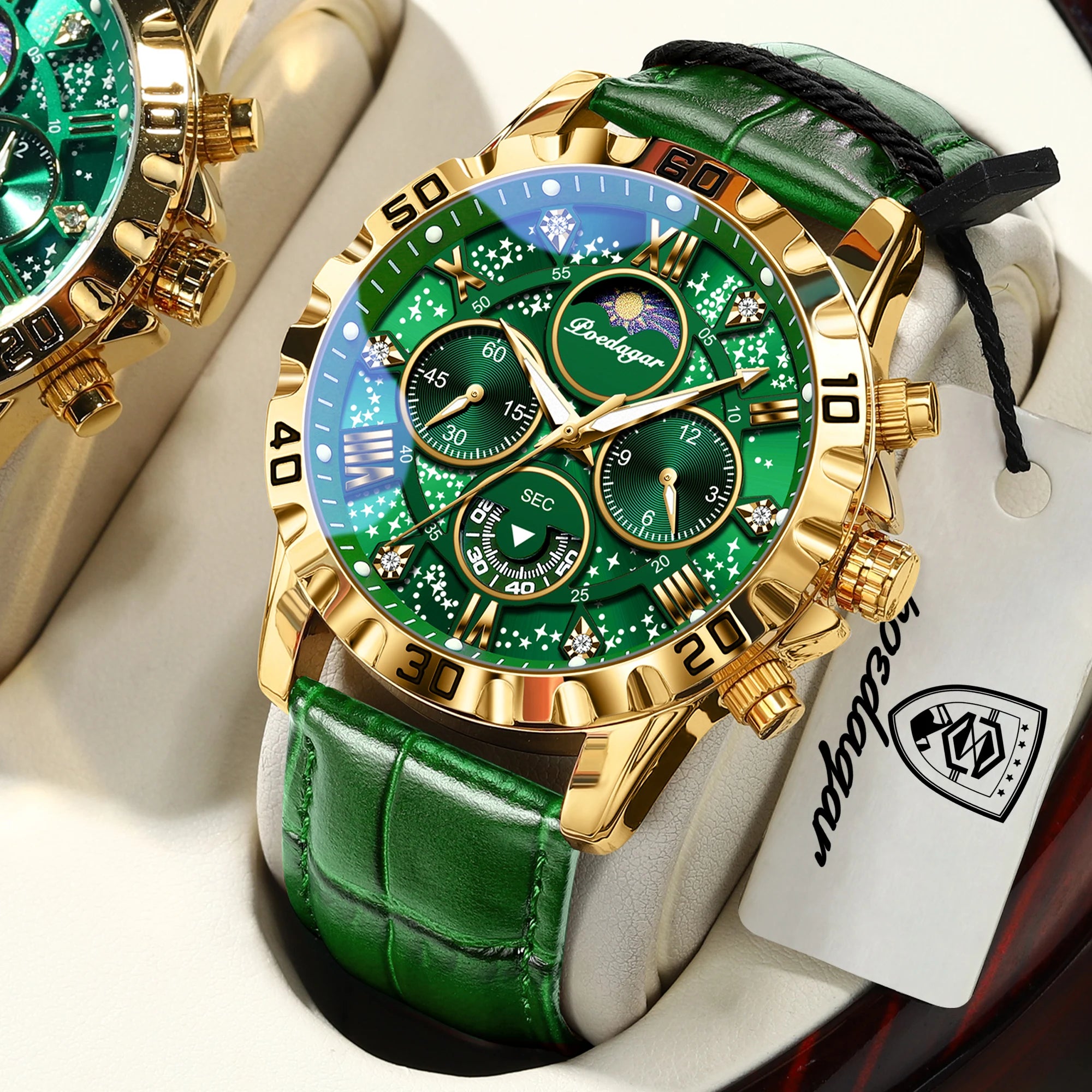 POEDAGAR Top Functional Luxury Man Wristwatch Waterproof Luminous Chronograph Leather Sports Watches For Men Quartz Men's Watch
