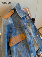 CJFHJE Blue Vintage Patchwork Denim Jacket Women Chicly Fashion Korean Loose Female Jackets Harajuku Zipper Casual Denim Coats