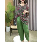 New Womens Cotton and Linen Clothing Sets Female Floral Long Sleeve Tops and Loose Pants Female 2PCS Outfits Plus Size