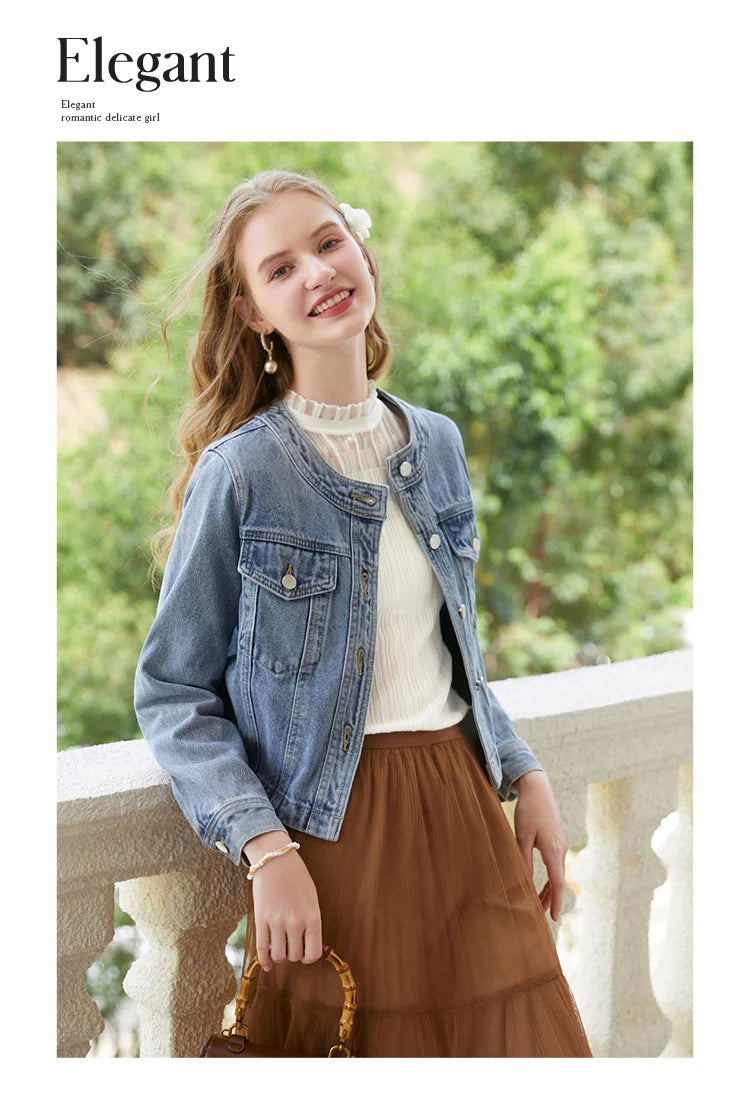 I BELIEVE YOU Short Denim Coat for Women 2024 Crew Neck Autumn New Casual Basic Straight Comfort Retro Female Jackets CWN245542A