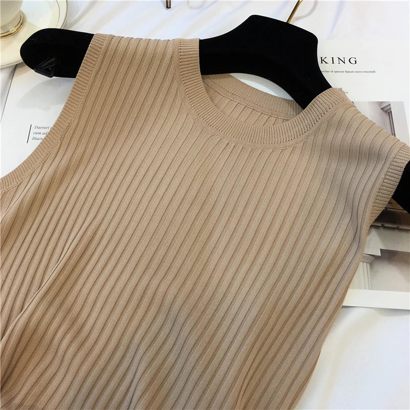 zjais Summer Spring Tanks Top Women Sleeveless Knitted T-Shirts Female Elastic Slim Casual Vests Crop Tops Camis Pullover Shirts