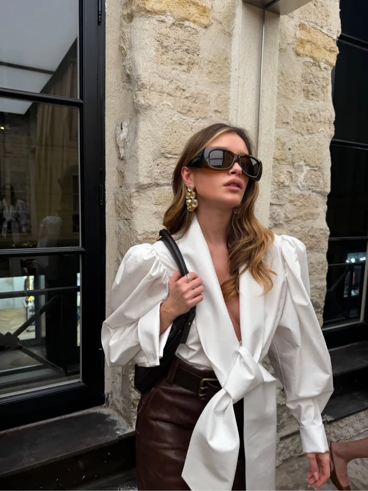 Women's White Tie Front Knot Blouse Elegant Sexy Oversized Collared Shirt with Bow Detail 2026 Women's Office Wear Tops