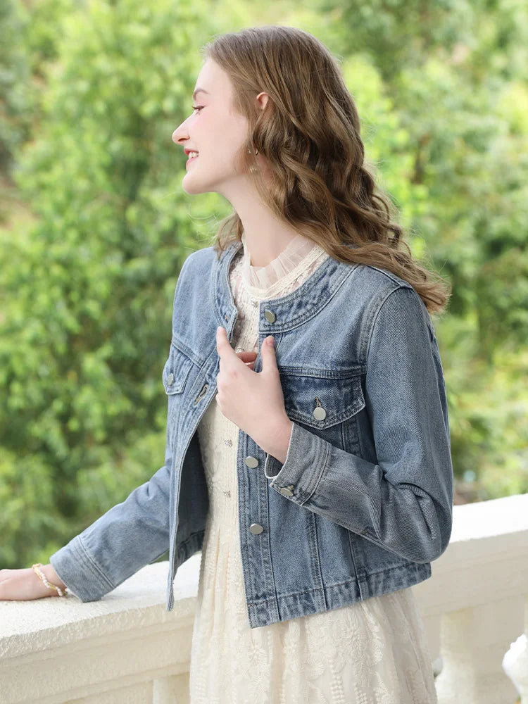 I BELIEVE YOU Short Denim Coat for Women 2024 Crew Neck Autumn New Casual Basic Straight Comfort Retro Female Jackets CWN245542A