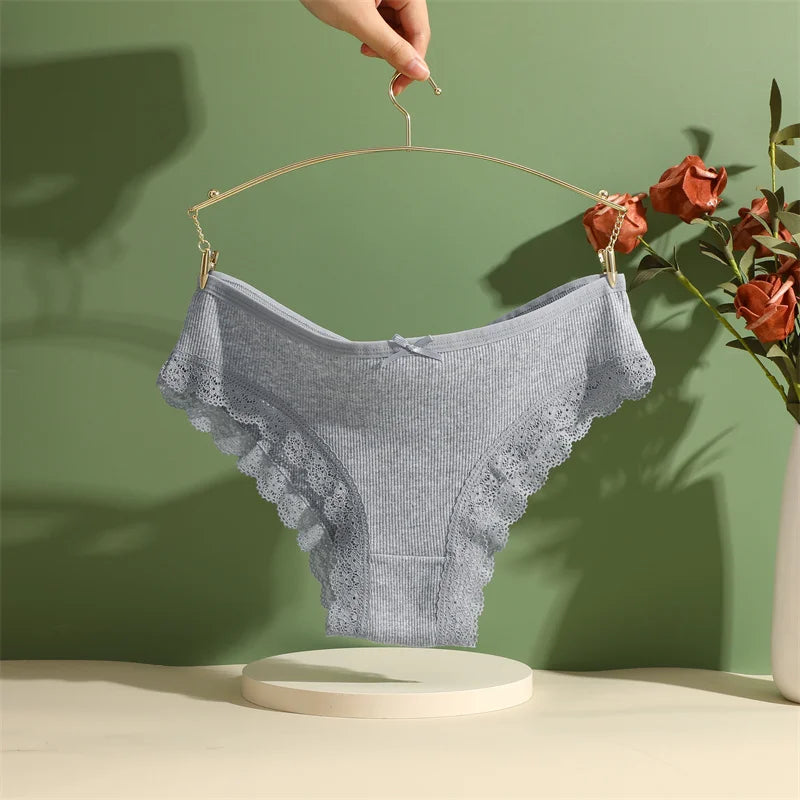 3PCS/Set Women’s Cotton Lace Bikini Panties – Low-Rise Breathable Soft Stretch Underwear (95% Cotton Comfort Fit) Sexy Low Rise Lace Brazilian Panties Hollow Out Soft Breathable Lingerie Female Bow Underwear S-XL
