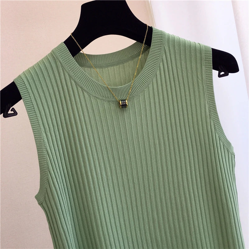 zjais Summer Spring Tanks Top Women Sleeveless Knitted T-Shirts Female Elastic Slim Casual Vests Crop Tops Camis Pullover Shirts