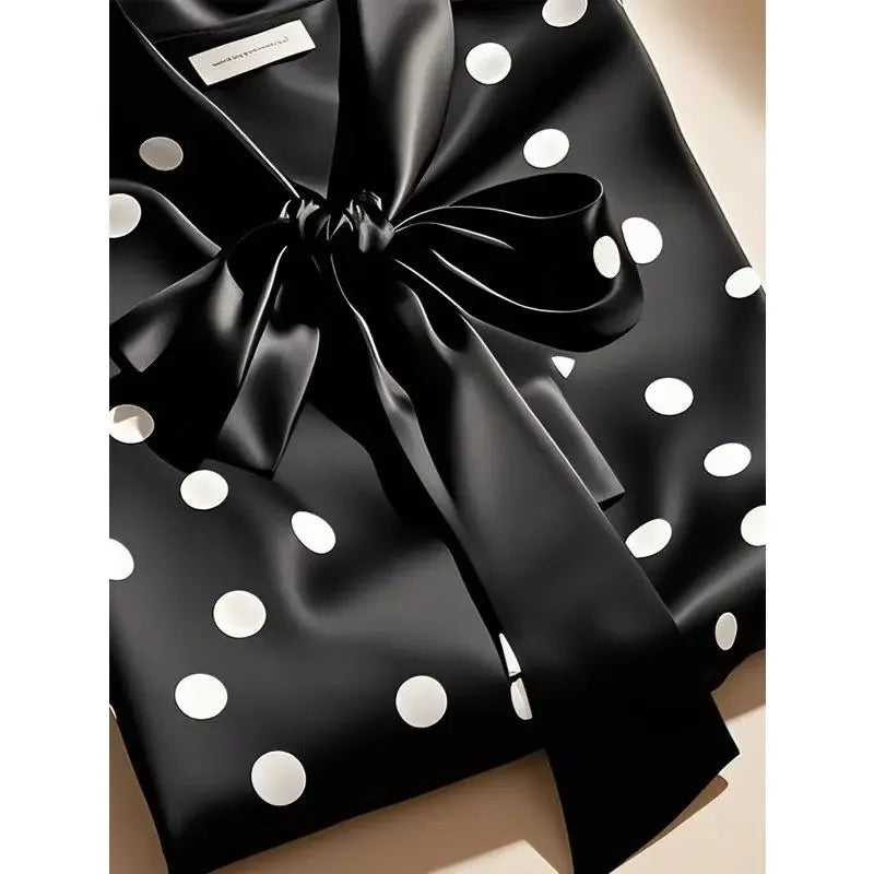 Elegant High Quality Satin Polka Dot Print Shirt Women Office Lady Business Casual Chic Blouse Lace-up Bow Long Sleeve Loose Top