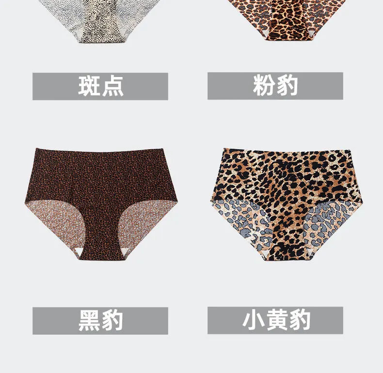 6pcs Women's Seamless Ice Silk Panties Female Mid Waist Plus Size Leopard Print Underwear Girls Fashion Brief Lady Comfort Panty
