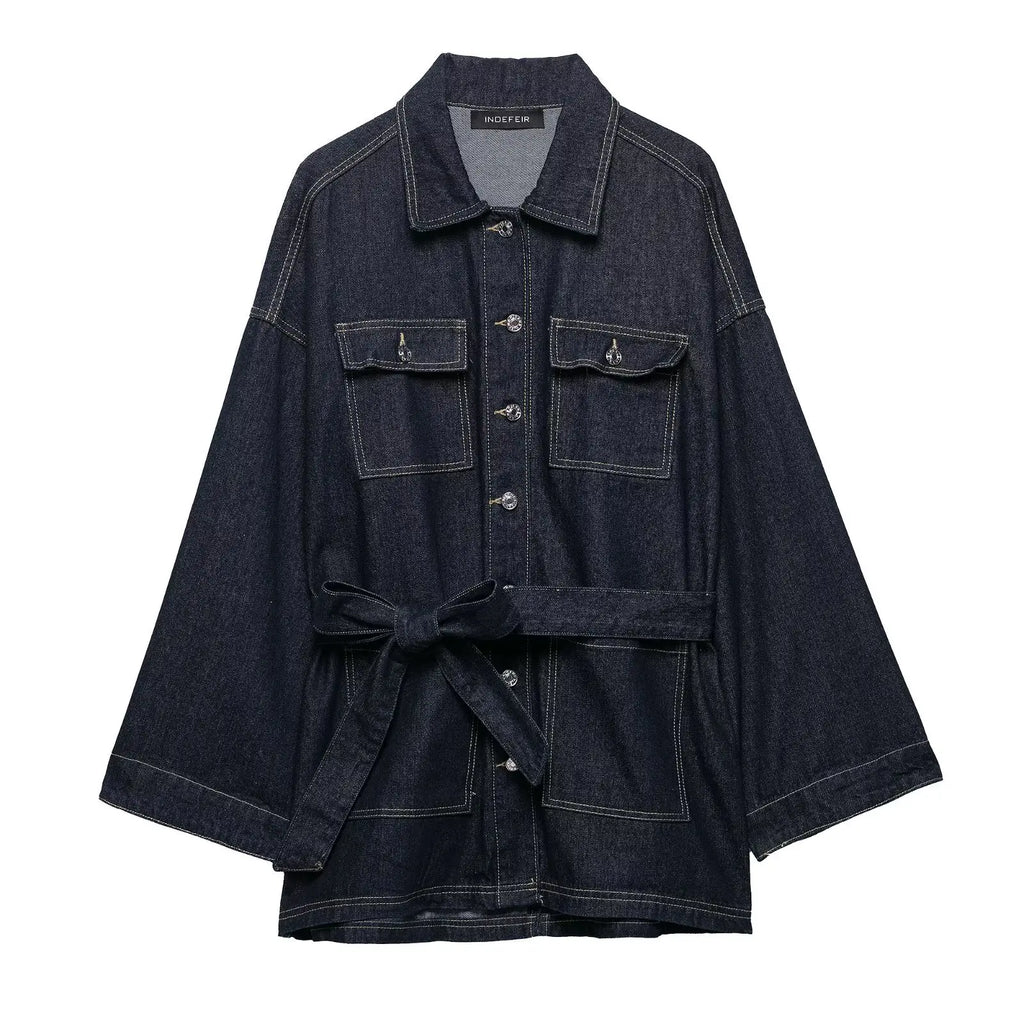 Women's Denim Jacket Solid Color Straps Waist Cinched Turndown Collar Fashionable Versatile Casual Spring Autumn Jacket 2025 New
