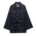 Women's Denim Jacket Solid Color Straps Waist Cinched Turndown Collar Fashionable Versatile Casual Spring Autumn Jacket 2025 New
