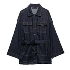 Women's Denim Jacket Solid Color Straps Waist Cinched Turndown Collar Fashionable Versatile Casual Spring Autumn Jacket 2025 New