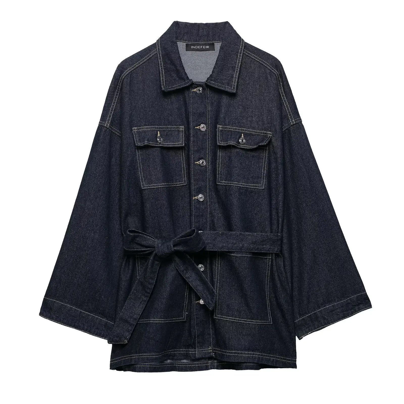 Women's Denim Jacket Solid Color Straps Waist Cinched Turndown Collar Fashionable Versatile Casual Spring Autumn Jacket 2025 New