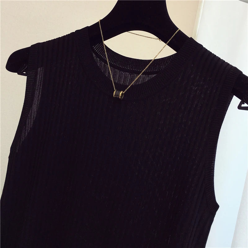 zjais Summer Spring Tanks Top Women Sleeveless Knitted T-Shirts Female Elastic Slim Casual Vests Crop Tops Camis Pullover Shirts