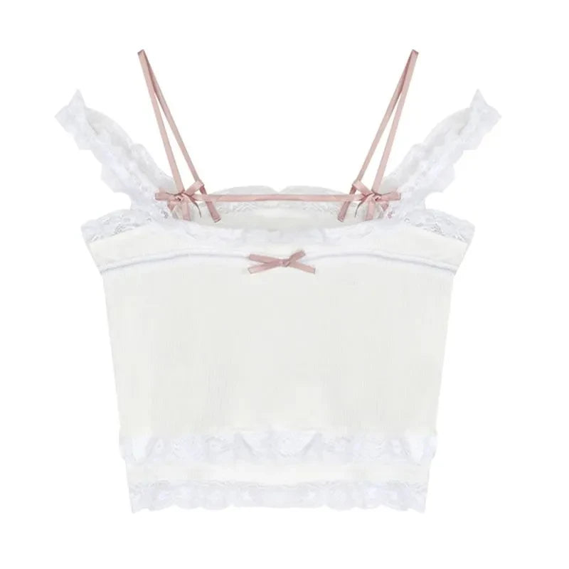 Pink Japanese Kawaii Lolita Crop Top Women White Korean College Style Sweet Tank Top Bow Lace France Princess Vset Female 2023
