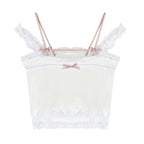 Pink Japanese Kawaii Lolita Crop Top Women White Korean College Style Sweet Tank Top Bow Lace France Princess Vset Female 2023