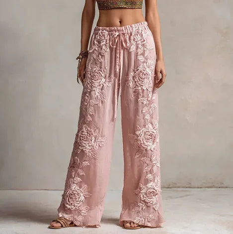 2026 New Women Pink 3D Floral Print Long Pants Elegant High Waist Straight Leg Trousers Casual Party Fashion Streetwear Bottoms