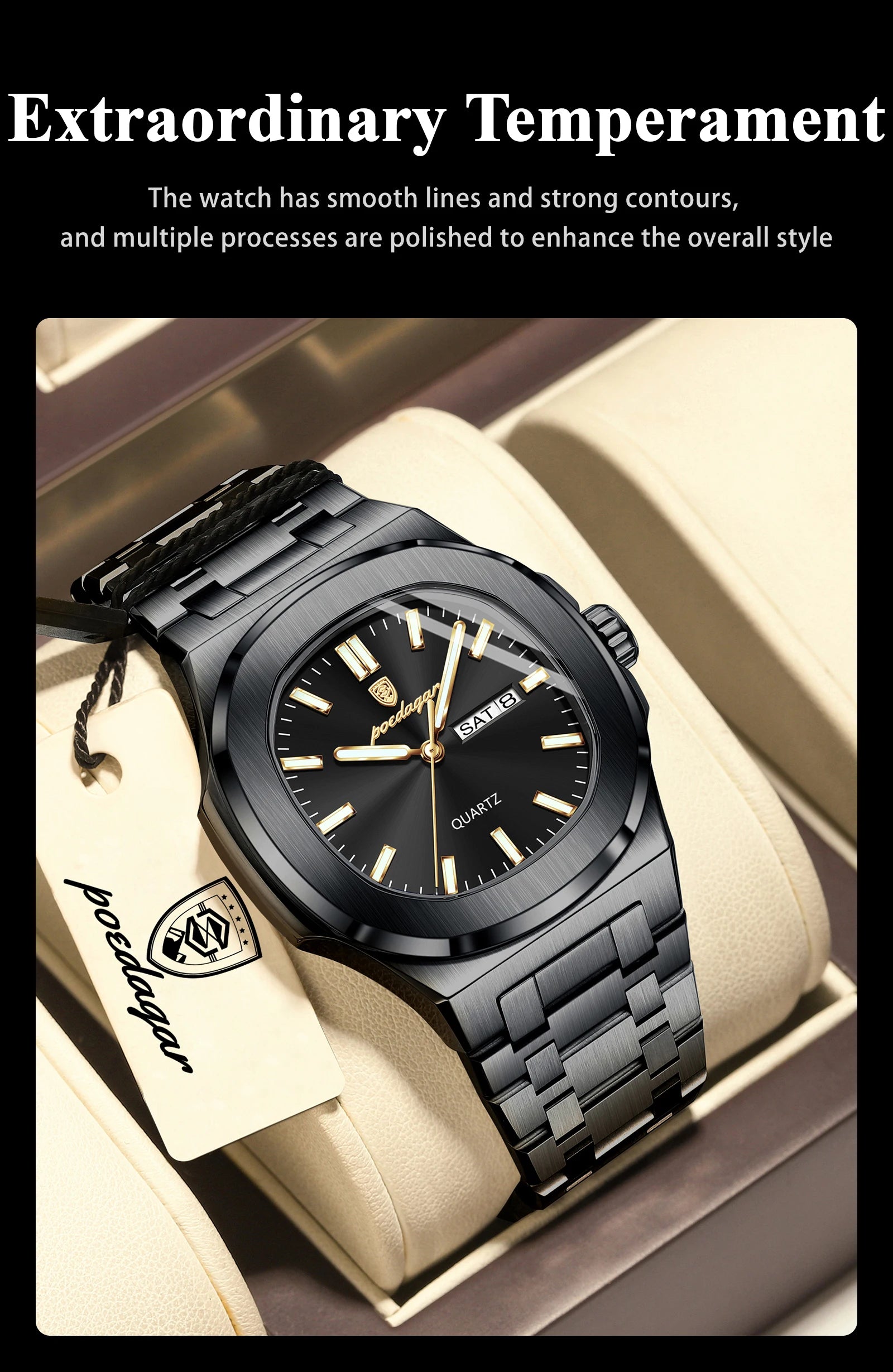 POEDAGAR Top Trendy Men's Watches Waterproof Luminous Date Week Luxury Men Watch Stainless Steel Quartz Business Man Clock Reloj
