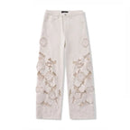 Designer Women Fashion Spring Summer Embroidery Flowers Jeans Hollow Out High Waist Denim Pants Casual Ankle Length Trousers