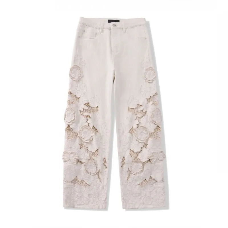 Designer Women Fashion Spring Summer Embroidery Flowers Jeans Hollow Out High Waist Denim Pants Casual Ankle Length Trousers