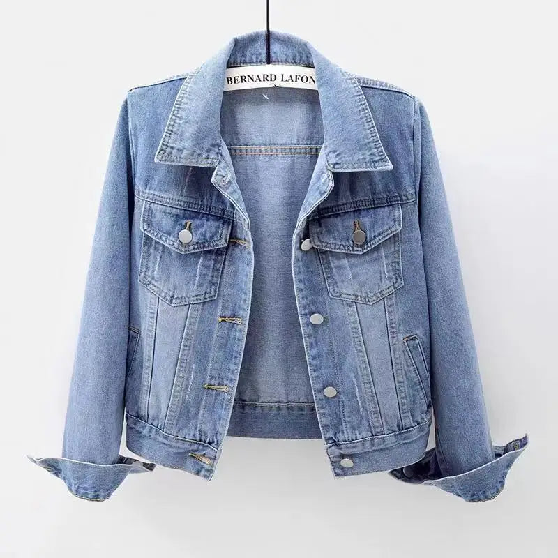 Slim Fit Denim Jacket for Women Short Washed Single Breasted Long Sleeve Tops