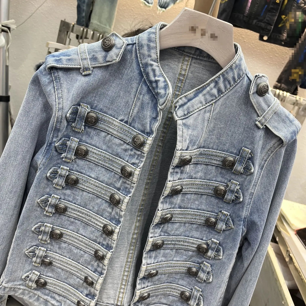 Denim Coat Women Jacket Streetwear Distressed Button Stand Collar Washed Patchwork Female Vintage Autumn Casual Outerwear