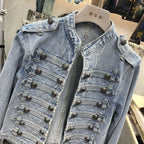 Denim Coat Women Jacket Streetwear Distressed Button Stand Collar Washed Patchwork Female Vintage Autumn Casual Outerwear