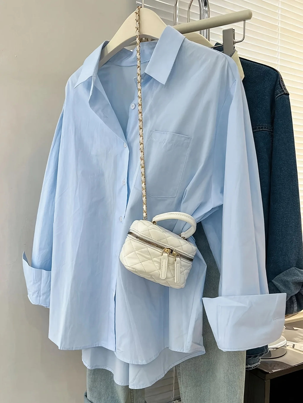 Women's Casual Solid Color Drop-Shoulder Loose Shirt, Long-Sleeved Shirt