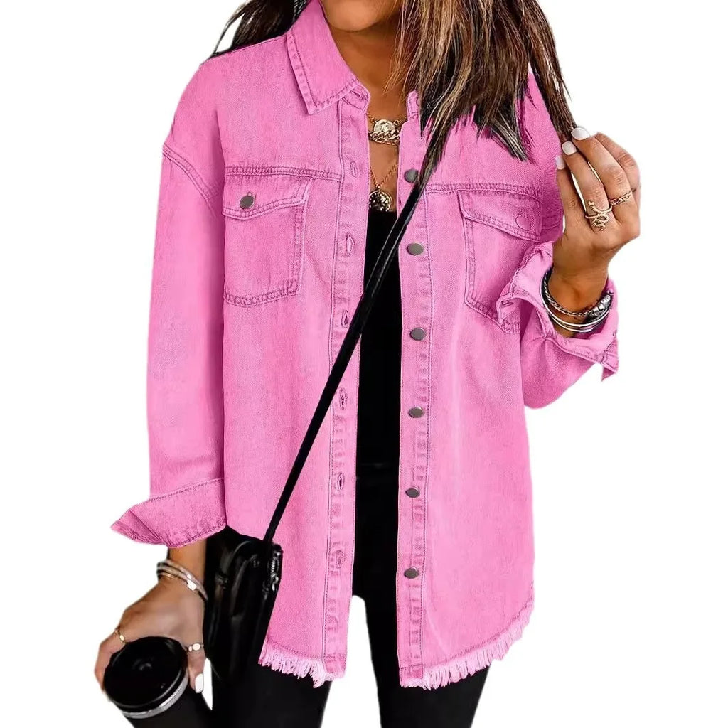 New Washed Denim Shirt Jacket for Women Fall/Winter Street Style with Distressed Hem Women's Outerwear