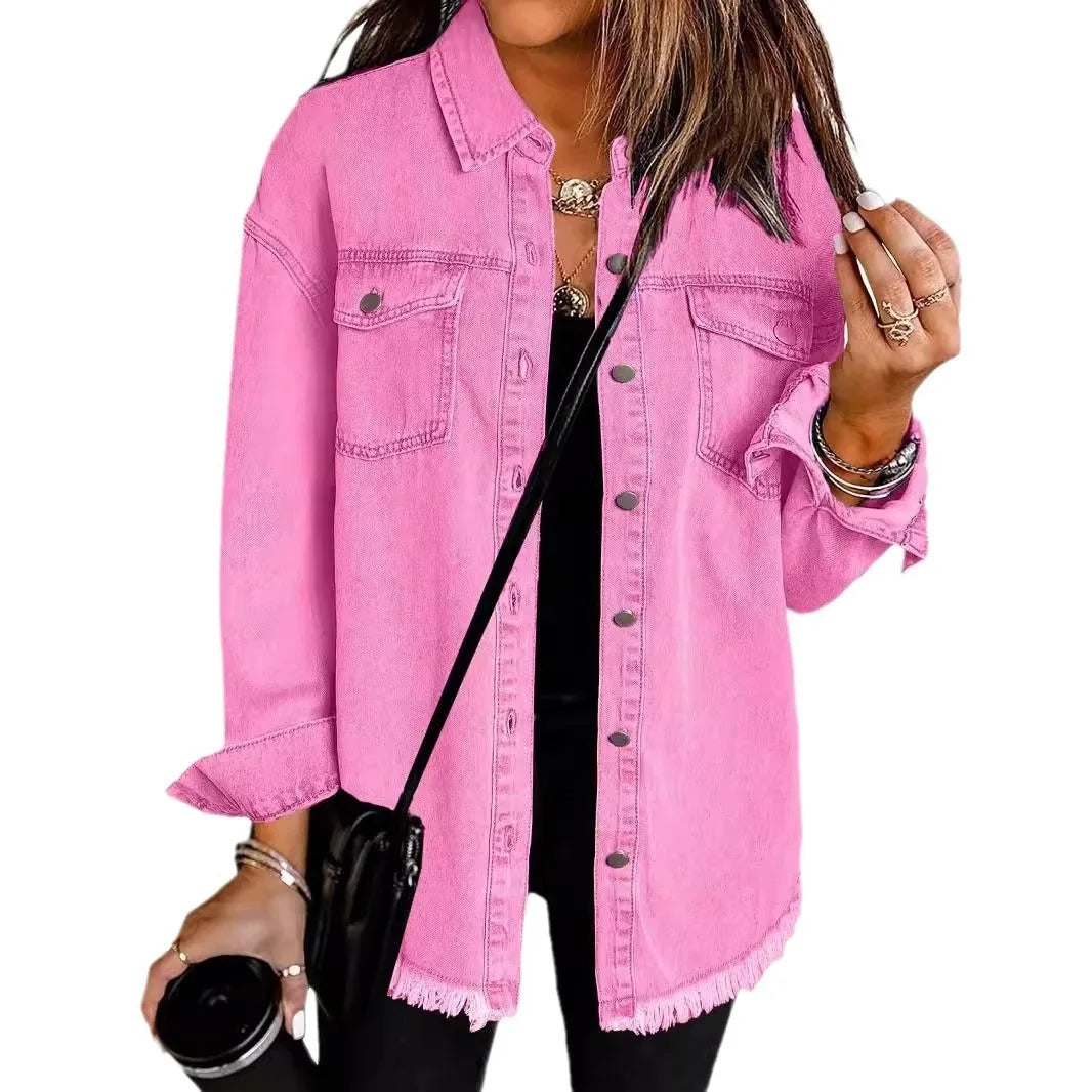 New Washed Denim Shirt Jacket for Women Fall/Winter Street Style with Distressed Hem Women's Outerwear