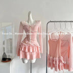 Women Mini Skirt 2 Piece Set Long Sleeve Coquette Thin Tops Y2k Mini Skirt Kpop Girl 2000s Aesthetic Outfits Vintage Suits
