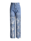 VGH Solid Slimming Hollow Out Temperament Denim Pants For Women High Waist Spliced Button Temperament Trousers Female Fashion