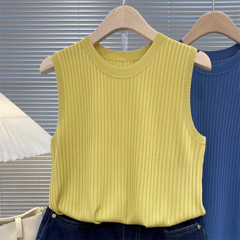 zjais Summer Spring Tanks Top Women Sleeveless Knitted T-Shirts Female Elastic Slim Casual Vests Crop Tops Camis Pullover Shirts