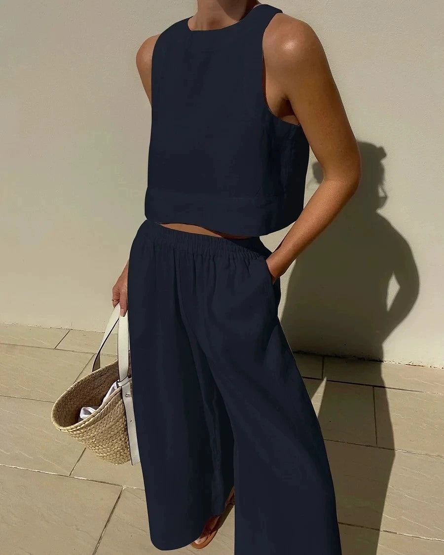 Cotton And Linen Pant Sets Women Sleeveless Leace-up Short Tops Drawstring Long Pants Two Piece Set Commuting 2023 Summer New
