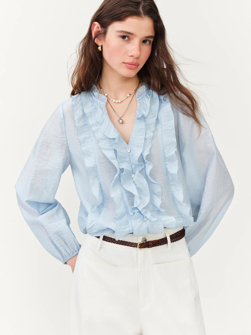 FSLE 2026 Summer New Women's French Style V-Neck Ruffle Blouse Lightweight Sheer Hem Top for Coquette Vacation Chic Daily Style