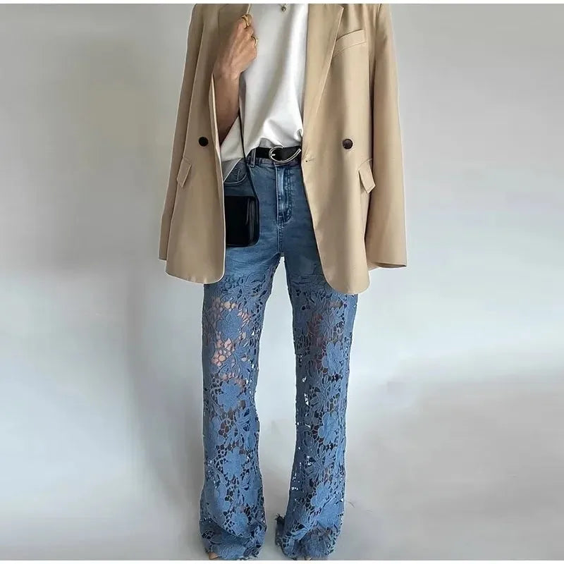 Lace Spliced Elegant Hollow Out Jeans Women New Fashion Temperament High Waist Straight Loose Denim Trousers Y2k Streetwear