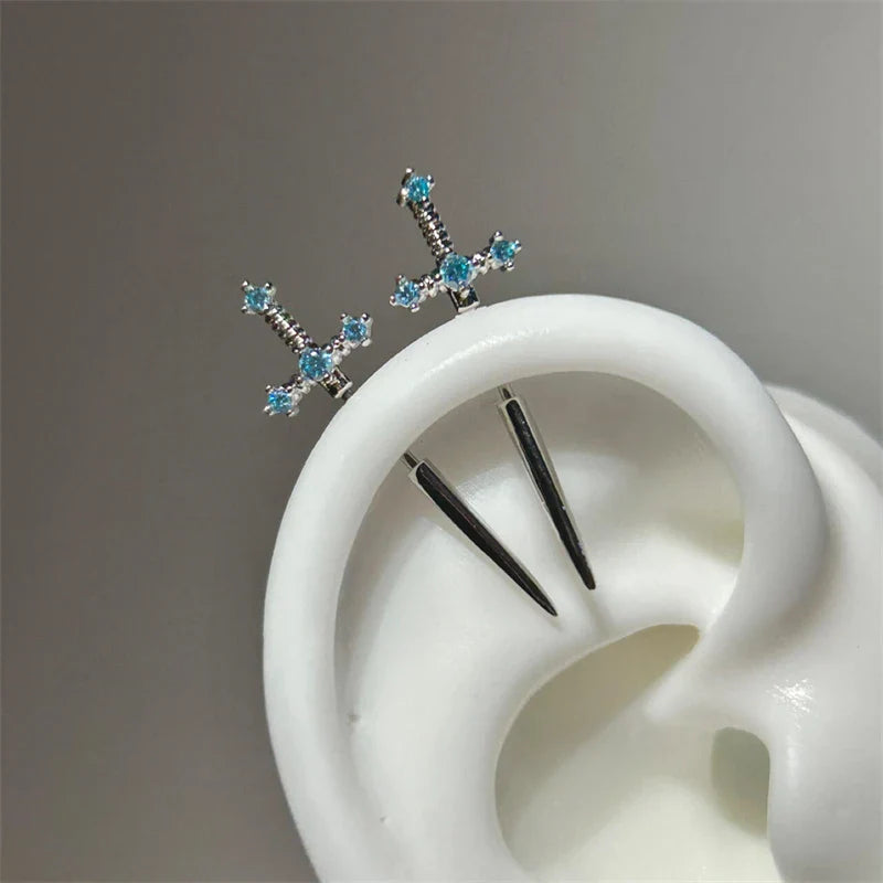 New Fashion Love Wings Cross Stainless Steel Ear Bone Nail Shiny Zircon Trendy Thread Earring for Women Body Piercing Accessorie