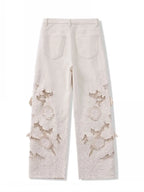 Designer Women Fashion Spring Summer Embroidery Flowers Jeans Hollow Out High Waist Denim Pants Casual Ankle Length Trousers