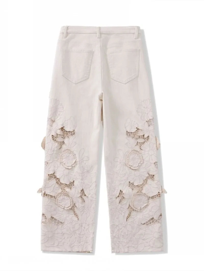 Designer Women Fashion Spring Summer Embroidery Flowers Jeans Hollow Out High Waist Denim Pants Casual Ankle Length Trousers