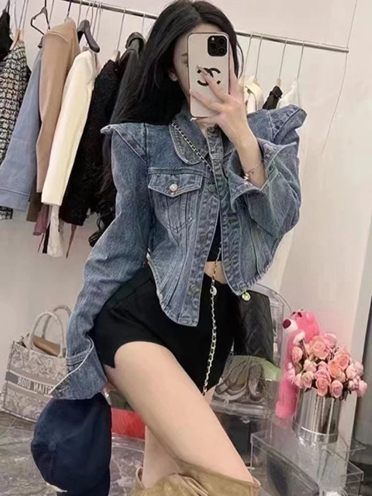 American Vintage Cropped Jackets Women Denim Chic Design Hip Hop Streetwear Young Slim Outwear Long Sleeve New Spring Popular