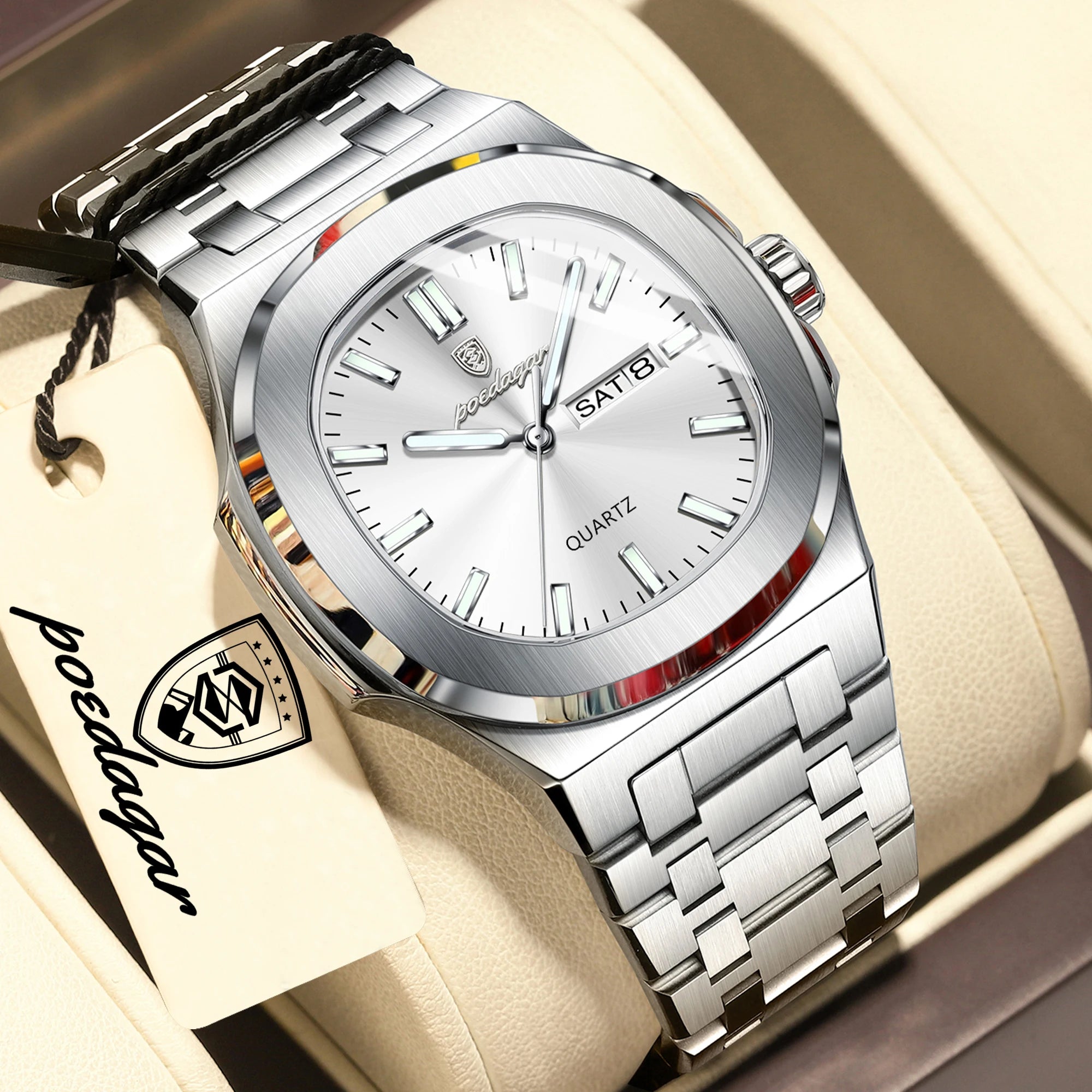 POEDAGAR Top Trendy Men's Watches Waterproof Luminous Date Week Luxury Men Watch Stainless Steel Quartz Business Man Clock Reloj