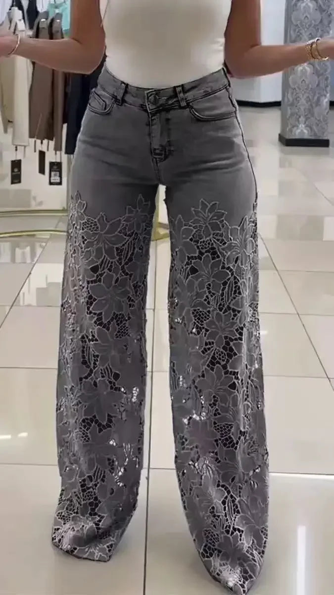 Lace Spliced Elegant Hollow Out Jeans Women New Fashion Temperament High Waist Straight Loose Denim Trousers Y2k Streetwear