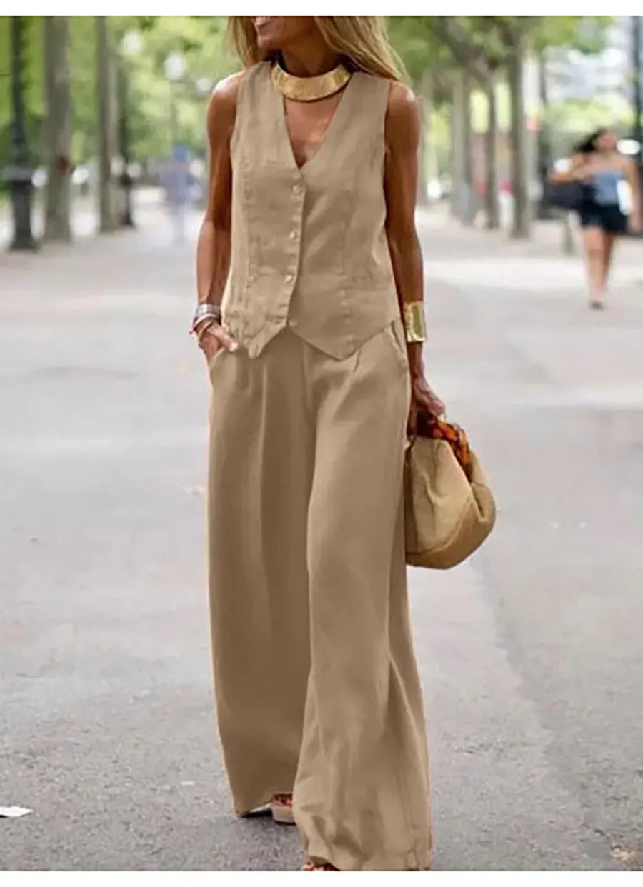 Casual Tank And Wide Leg Pant Sets 2 Piece Sets Women Outfit Summer Elegant Solid Cotton Linen Tops Trousers Suit Femme